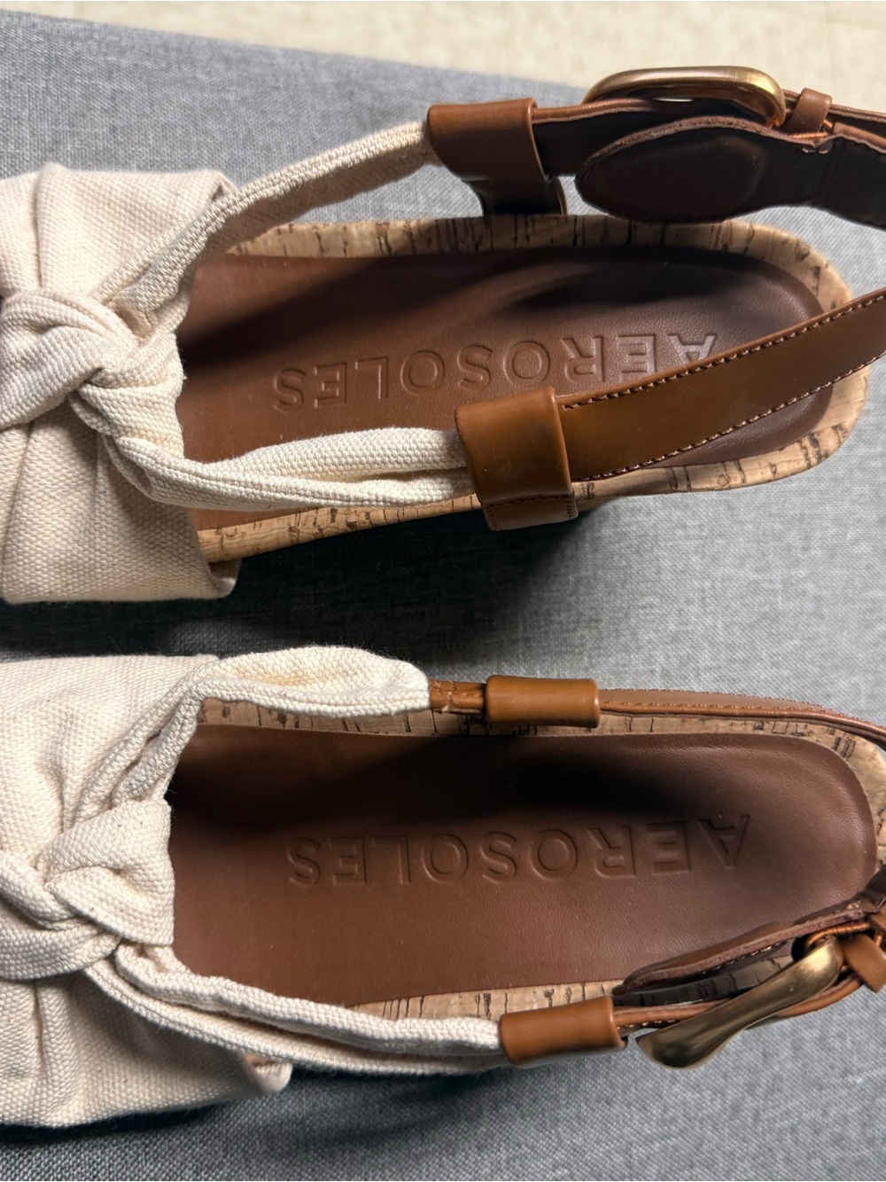 AEROSOLES Natural Canvas Knot Wedge with Brown Leather Straps